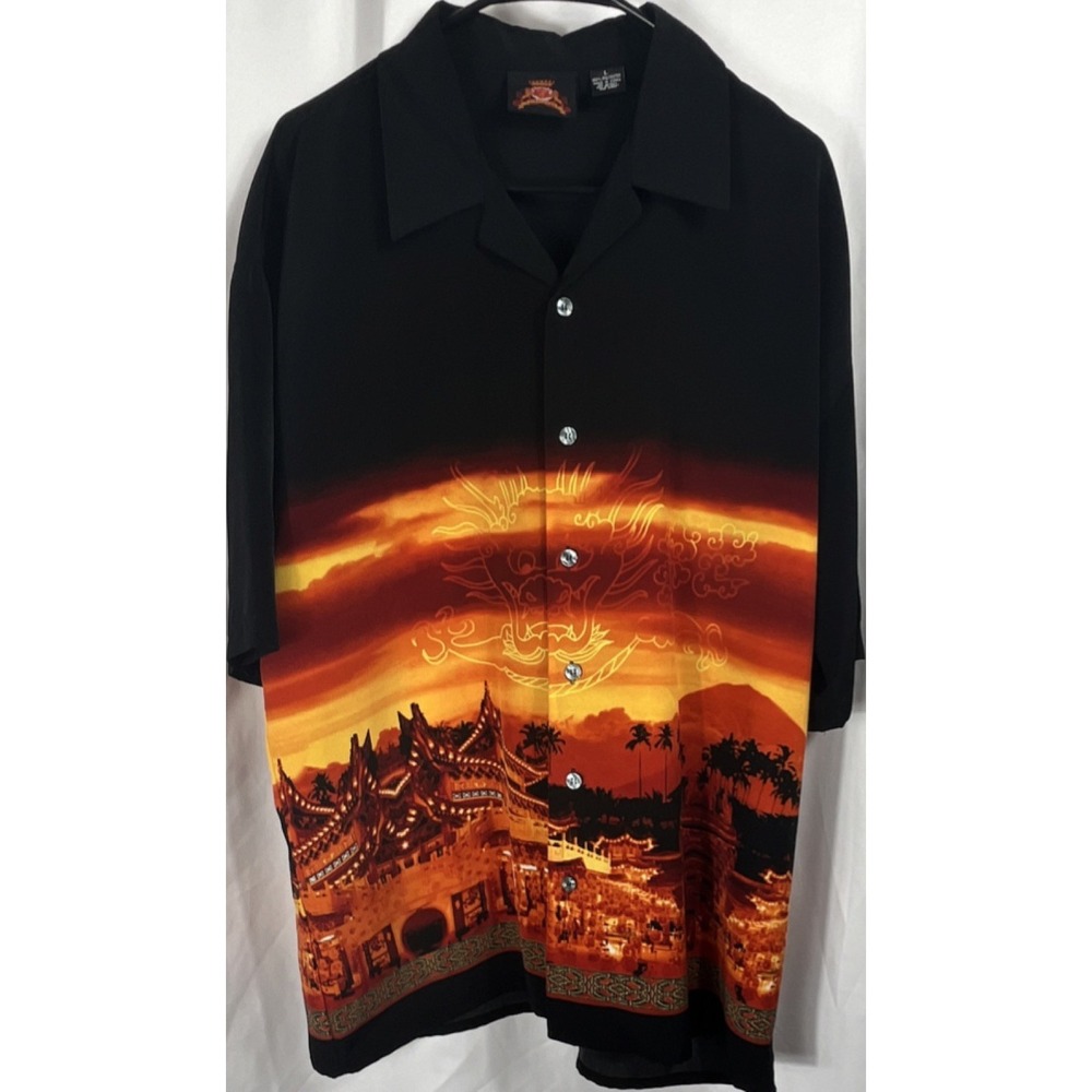 7 Diamonds Men's L Short Sleeve Polyester Black Graphic Print Button-Up Shirt